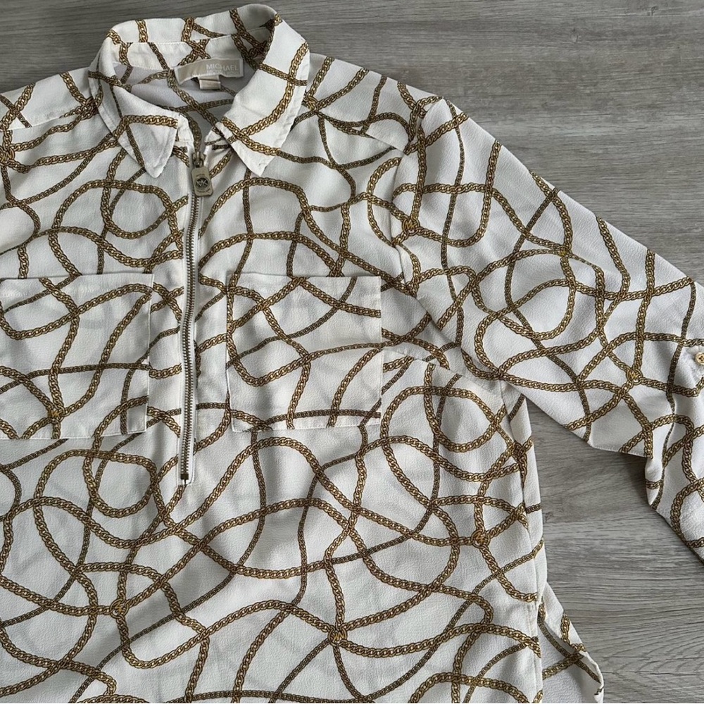 Michael Kors Gold Chain Print Zip Blouse White Long Sleeve Top, Size L - Picture 3 of 7